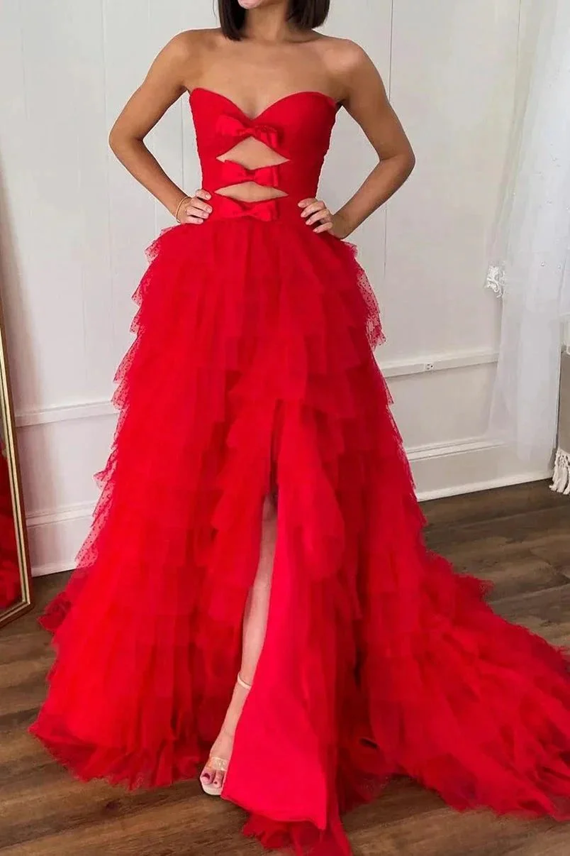 Polka Dot Strapless Ruffle Tiered Prom Gown with Keyholes - Image 10