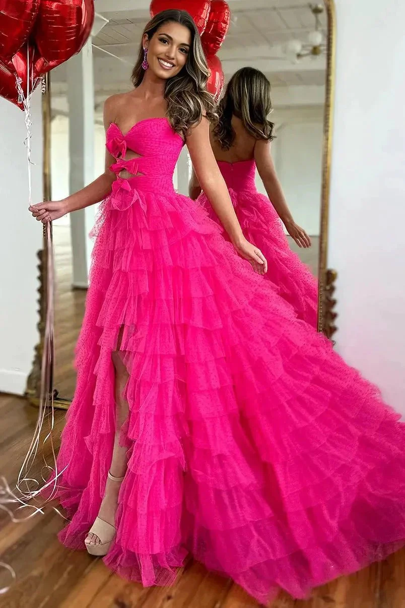Polka Dot Strapless Ruffle Tiered Prom Gown with Keyholes - Image 11