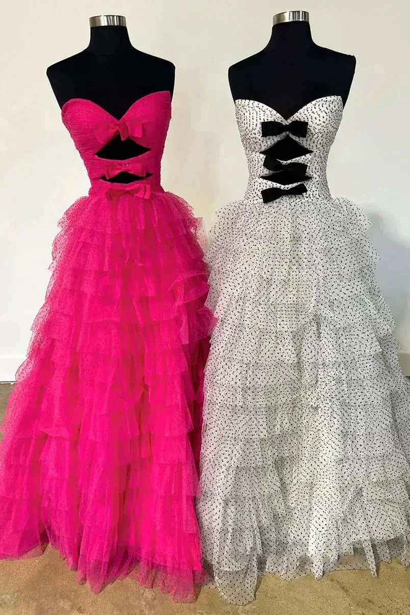 Polka Dot Strapless Ruffle Tiered Prom Gown with Keyholes - Image 12