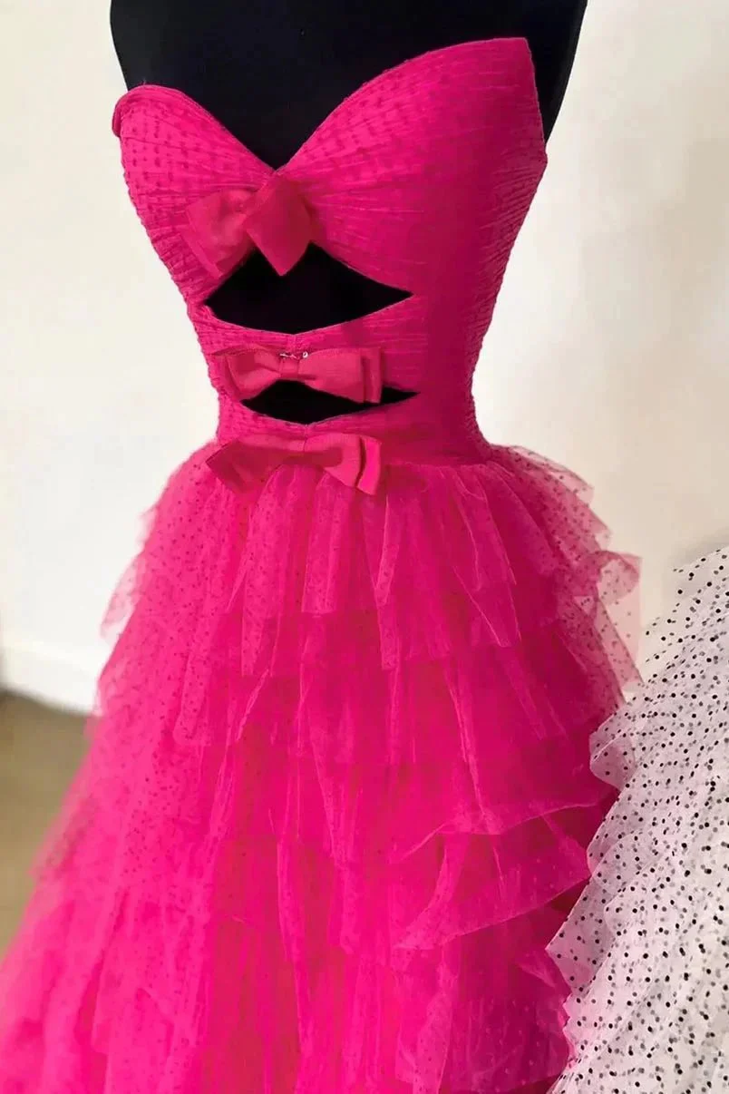 Polka Dot Strapless Ruffle Tiered Prom Gown with Keyholes - Image 13