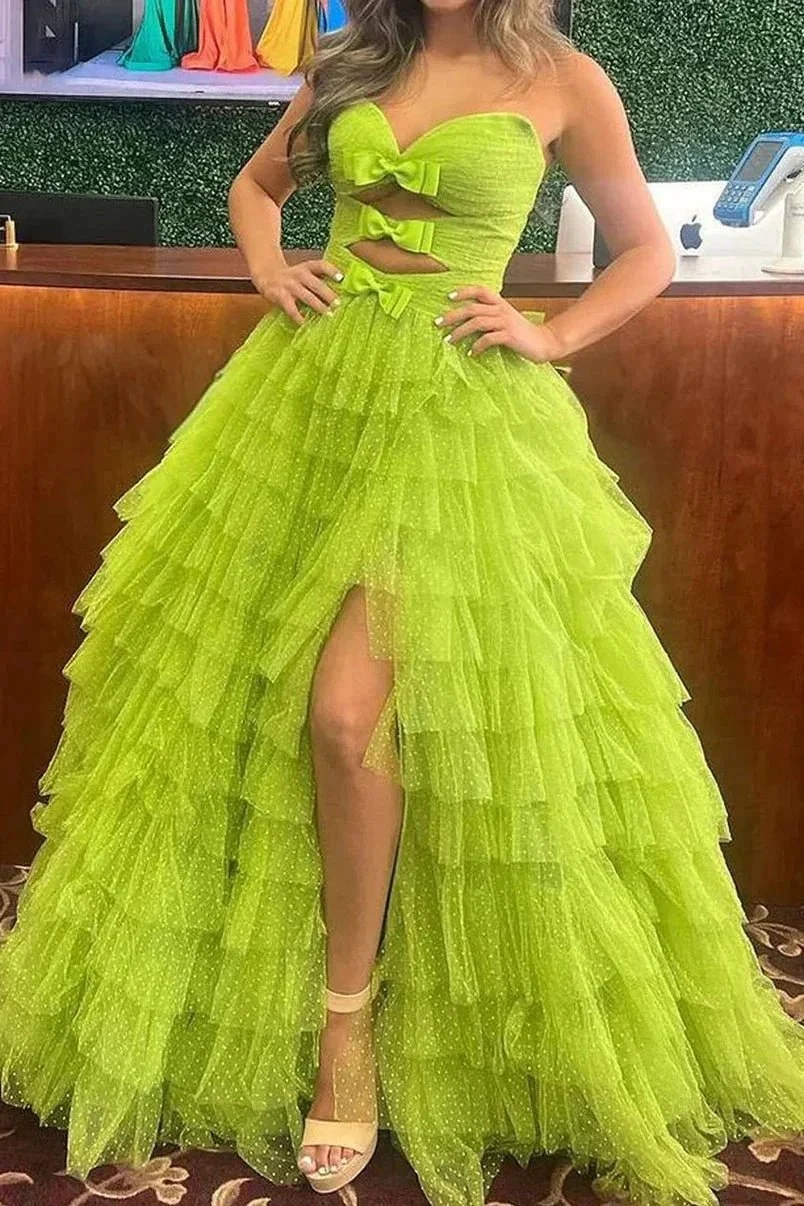 Polka Dot Strapless Ruffle Tiered Prom Gown with Keyholes - Image 14