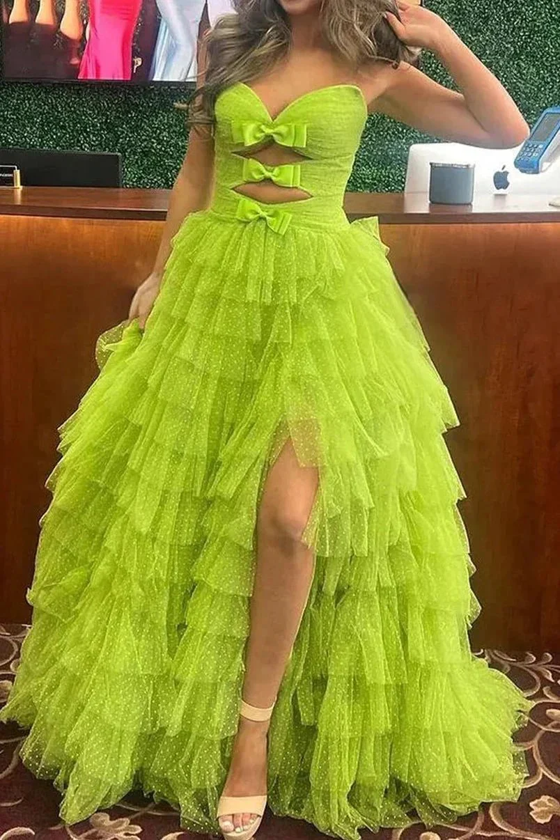 Polka Dot Strapless Ruffle Tiered Prom Gown with Keyholes - Image 15