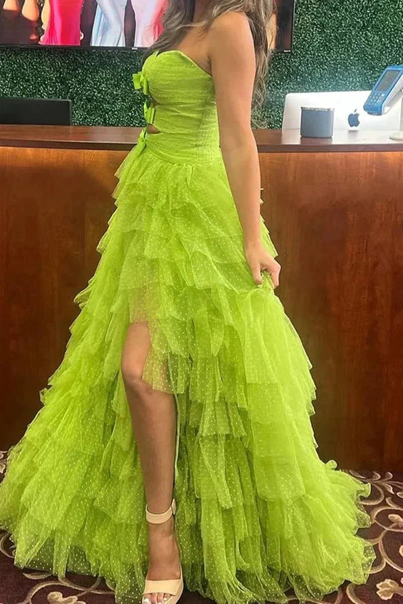 Polka Dot Strapless Ruffle Tiered Prom Gown with Keyholes - Image 16