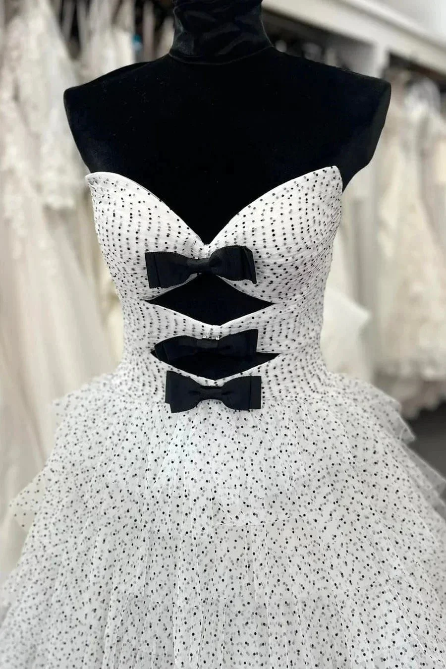 Polka Dot Strapless Ruffle Tiered Prom Gown with Keyholes - Image 2