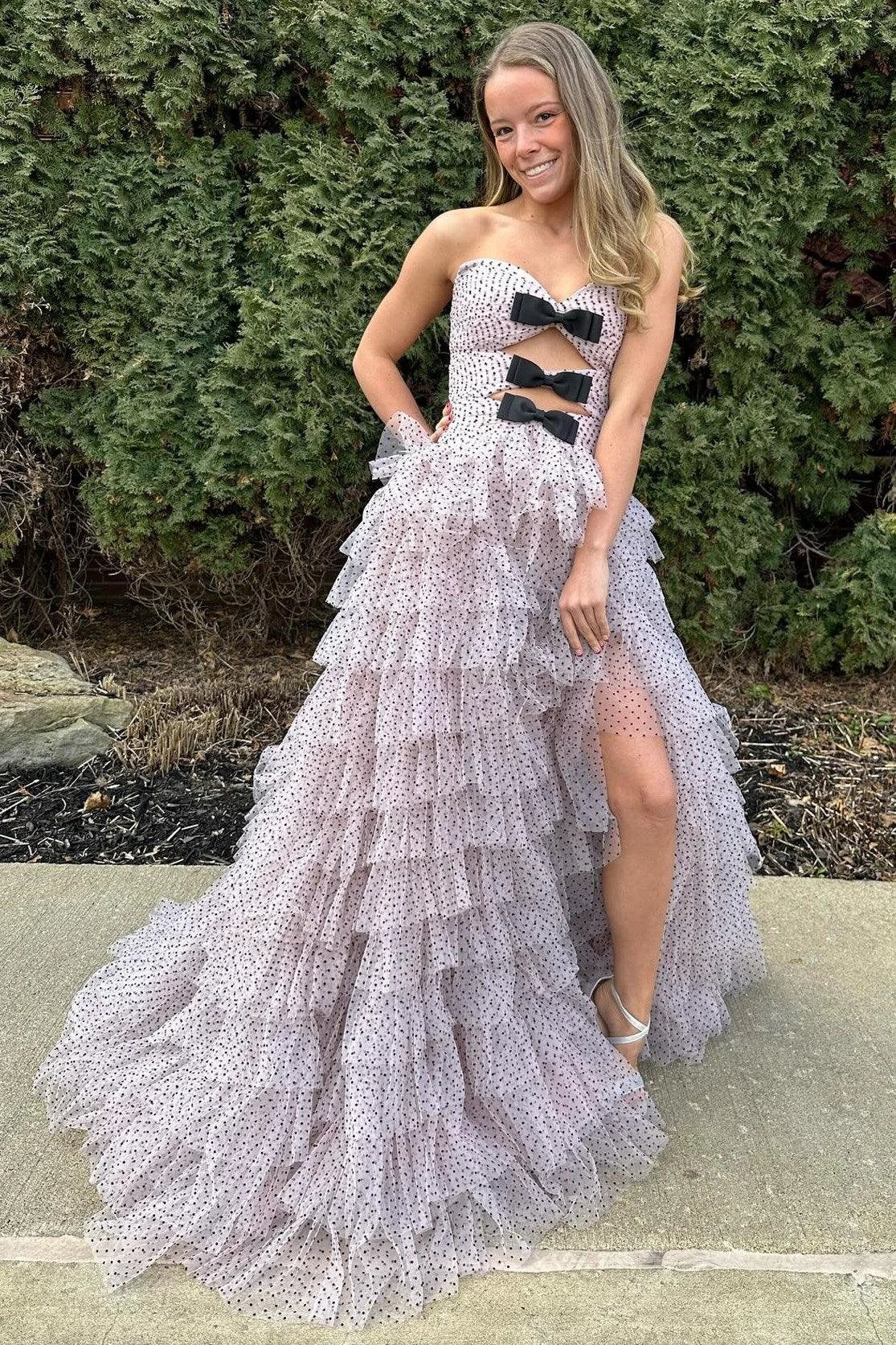 Polka Dot Strapless Ruffle Tiered Prom Gown with Keyholes - Image 3