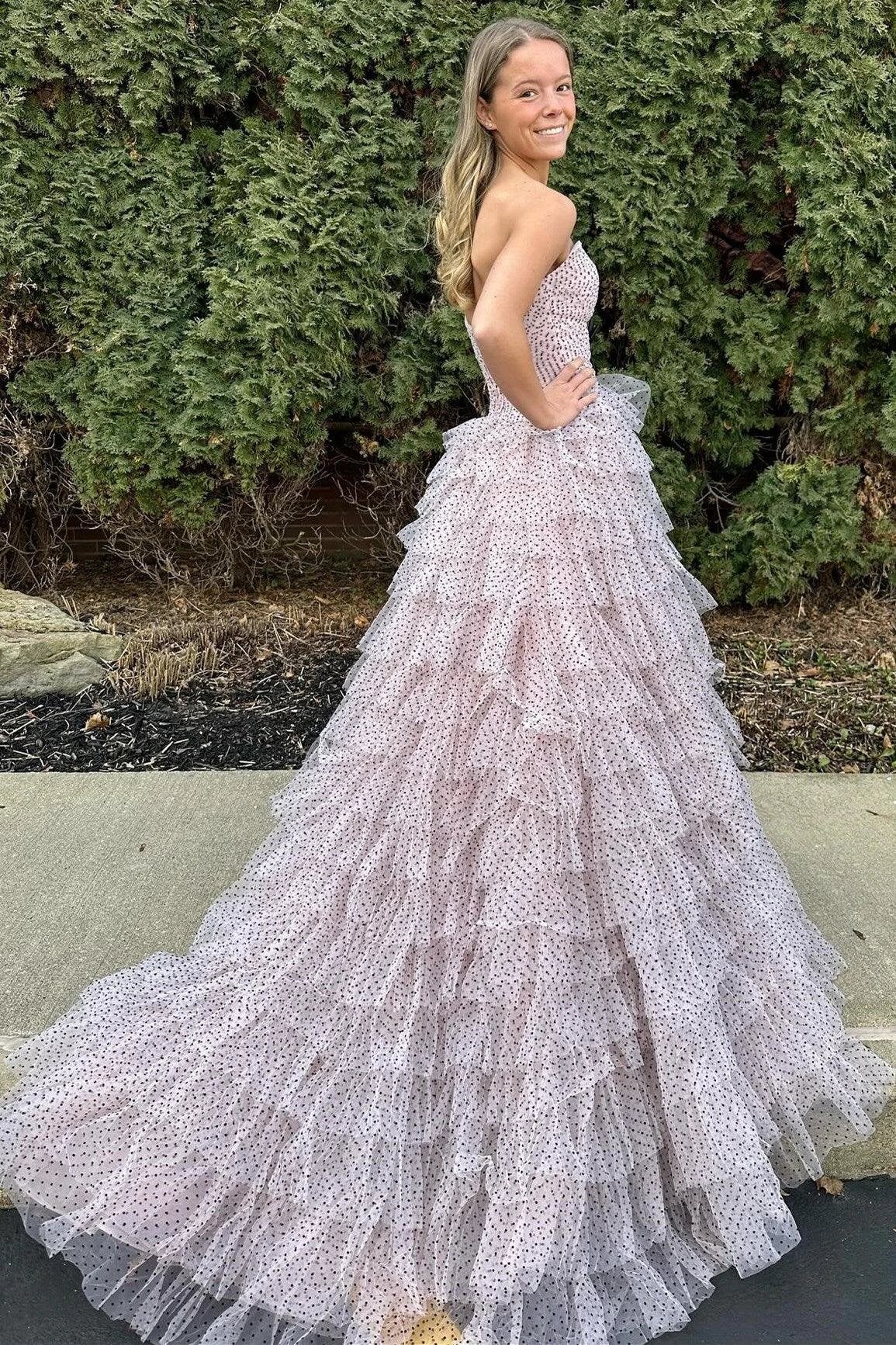Polka Dot Strapless Ruffle Tiered Prom Gown with Keyholes - Image 4