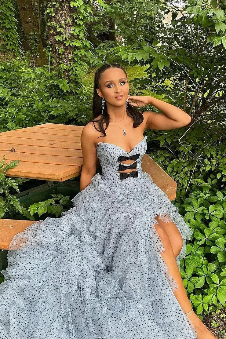 Polka Dot Strapless Ruffle Tiered Prom Gown with Keyholes - Image 5