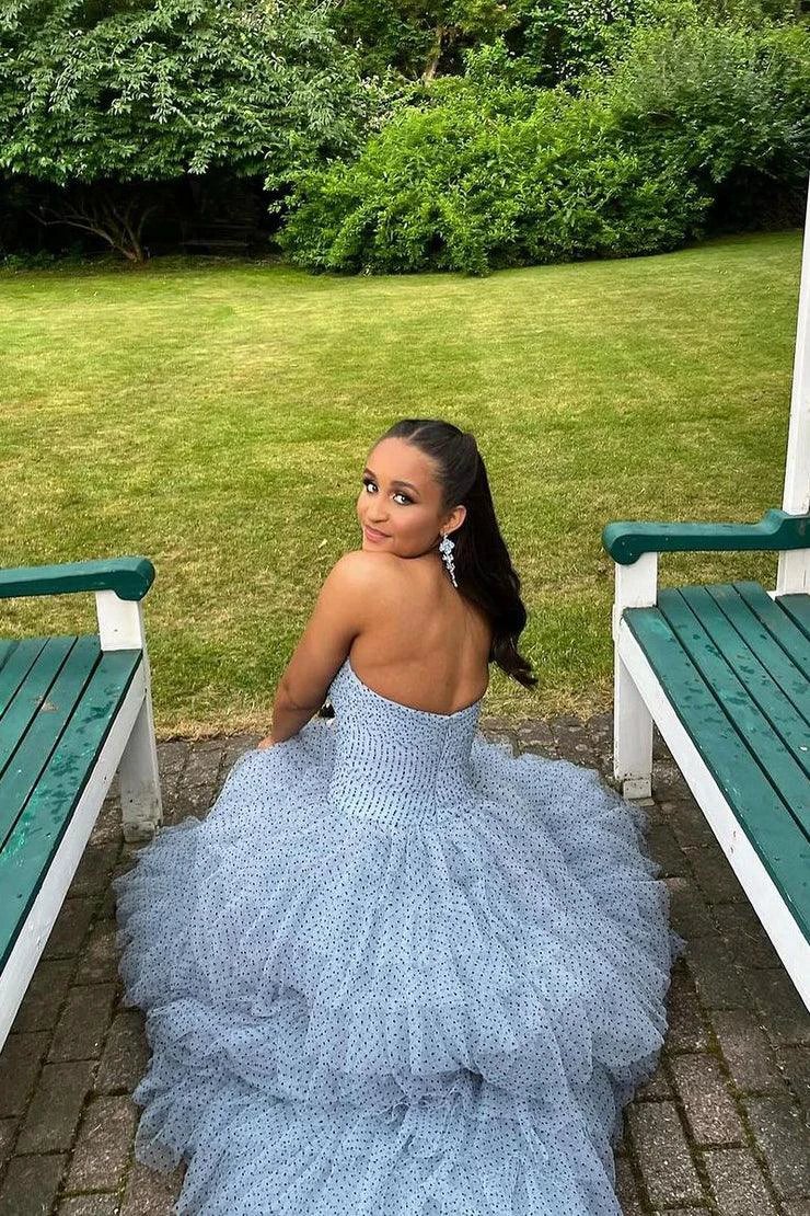 Polka Dot Strapless Ruffle Tiered Prom Gown with Keyholes - Image 6