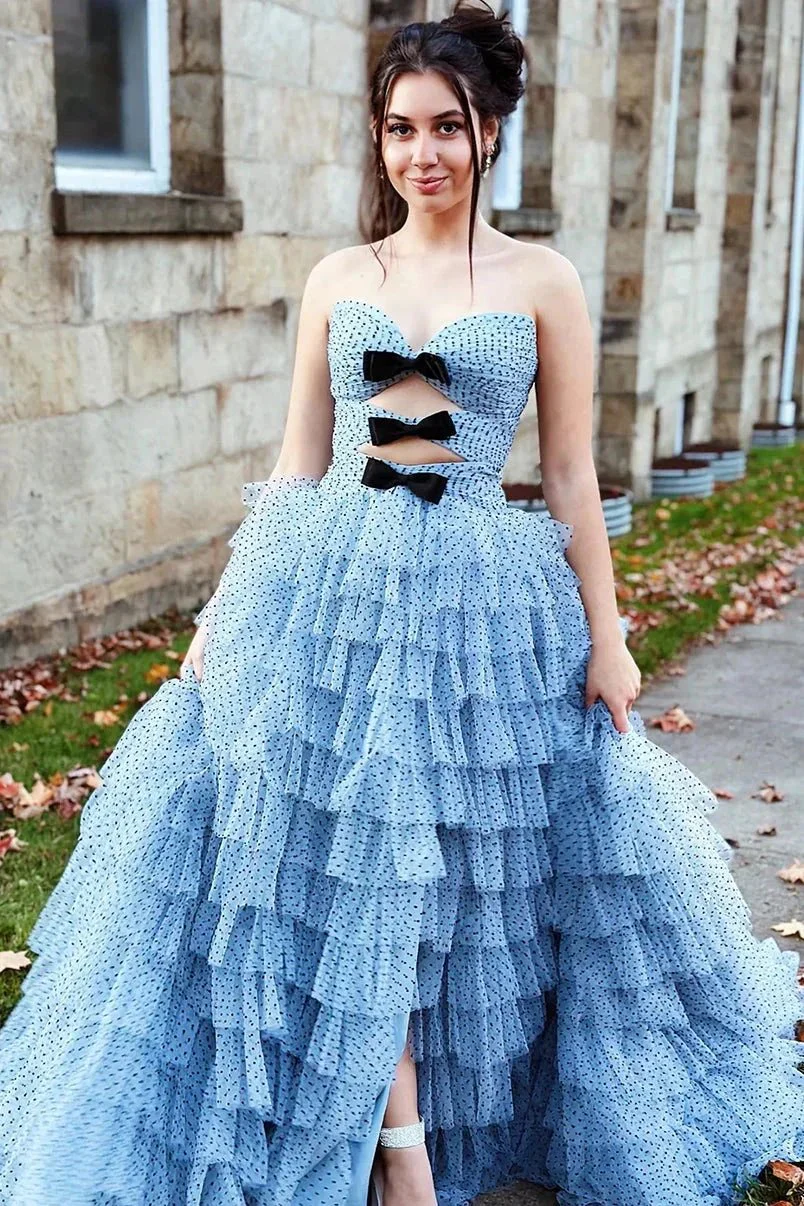 Polka Dot Strapless Ruffle Tiered Prom Gown with Keyholes - Image 7