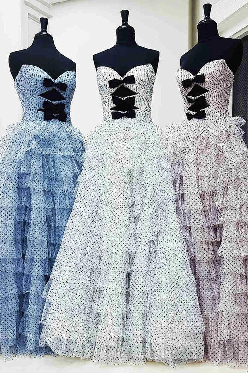 Polka Dot Strapless Ruffle Tiered Prom Gown with Keyholes - Image 8