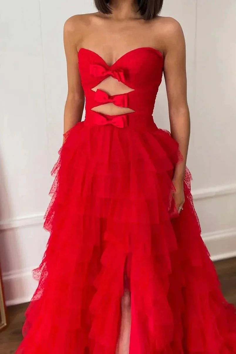 Polka Dot Strapless Ruffle Tiered Prom Gown with Keyholes - Image 9
