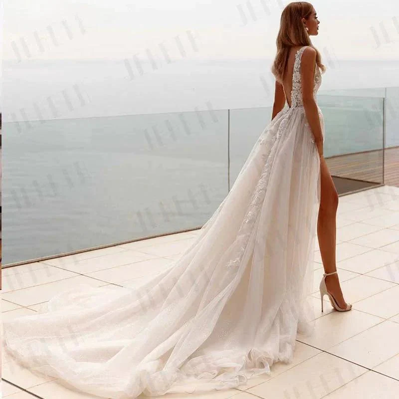 Popular V-neck Lace Applique A Line Wedding Dresses Backless Side Slit Custom Made Formal Bridal Grown 2024 - Image 2