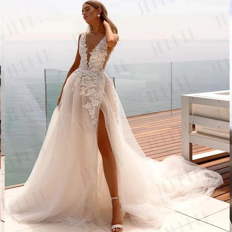 Popular V-neck Lace Applique A Line Wedding Dresses Backless Side Slit Custom Made Formal Bridal Grown 2024 - Image 4