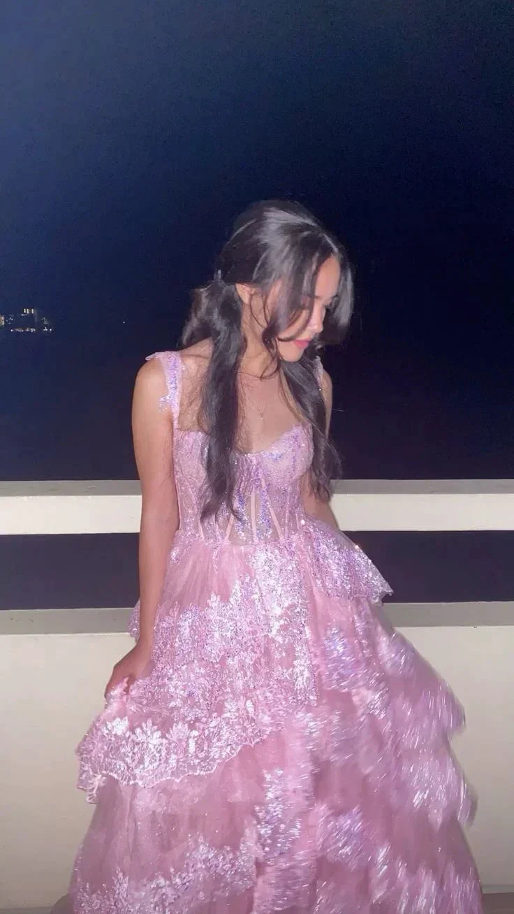 Pretty A-Line Pink Lace Appliques Tiered Long Prom Dress Formal Evening Dress Y7936 - Image 2