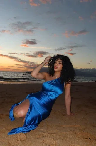 Pretty Blue One Shoulder Sheath Prom Dress Side Slit Evening Dress Y8150 - Image 2