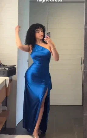 Pretty Blue One Shoulder Sheath Prom Dress Side Slit Evening Dress Y8150 - Image 3