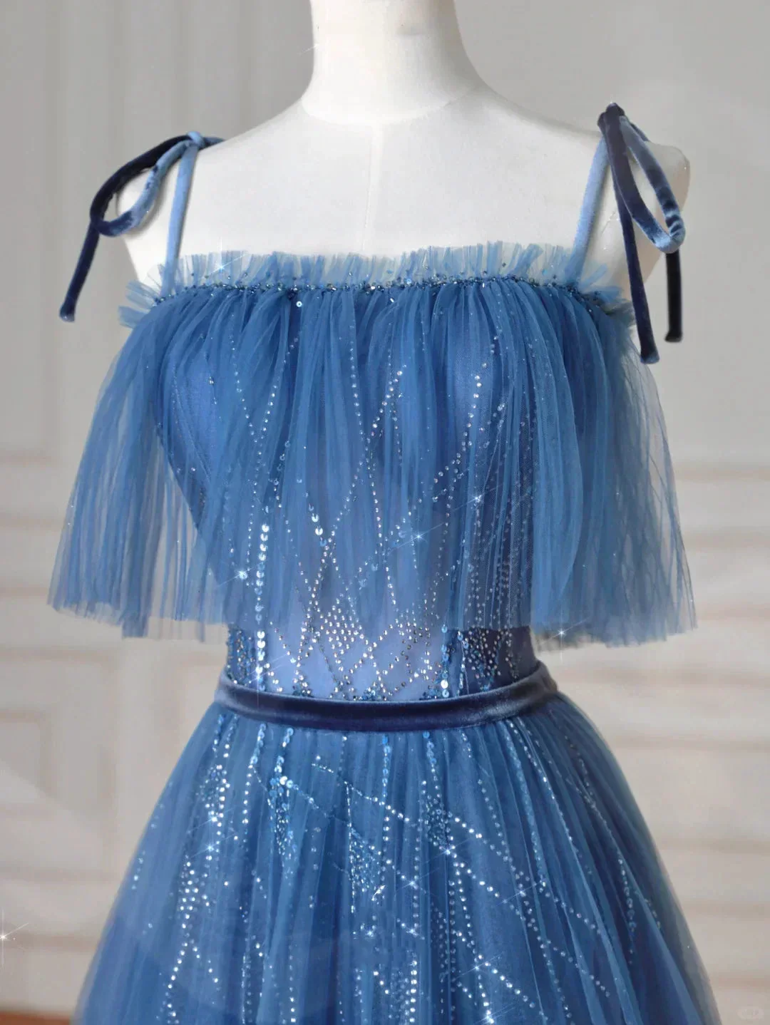 Pretty Blue Spaghetti Straps Tulle Sequins A Line Prom Dress Evening Dress Y8634 - Image 2