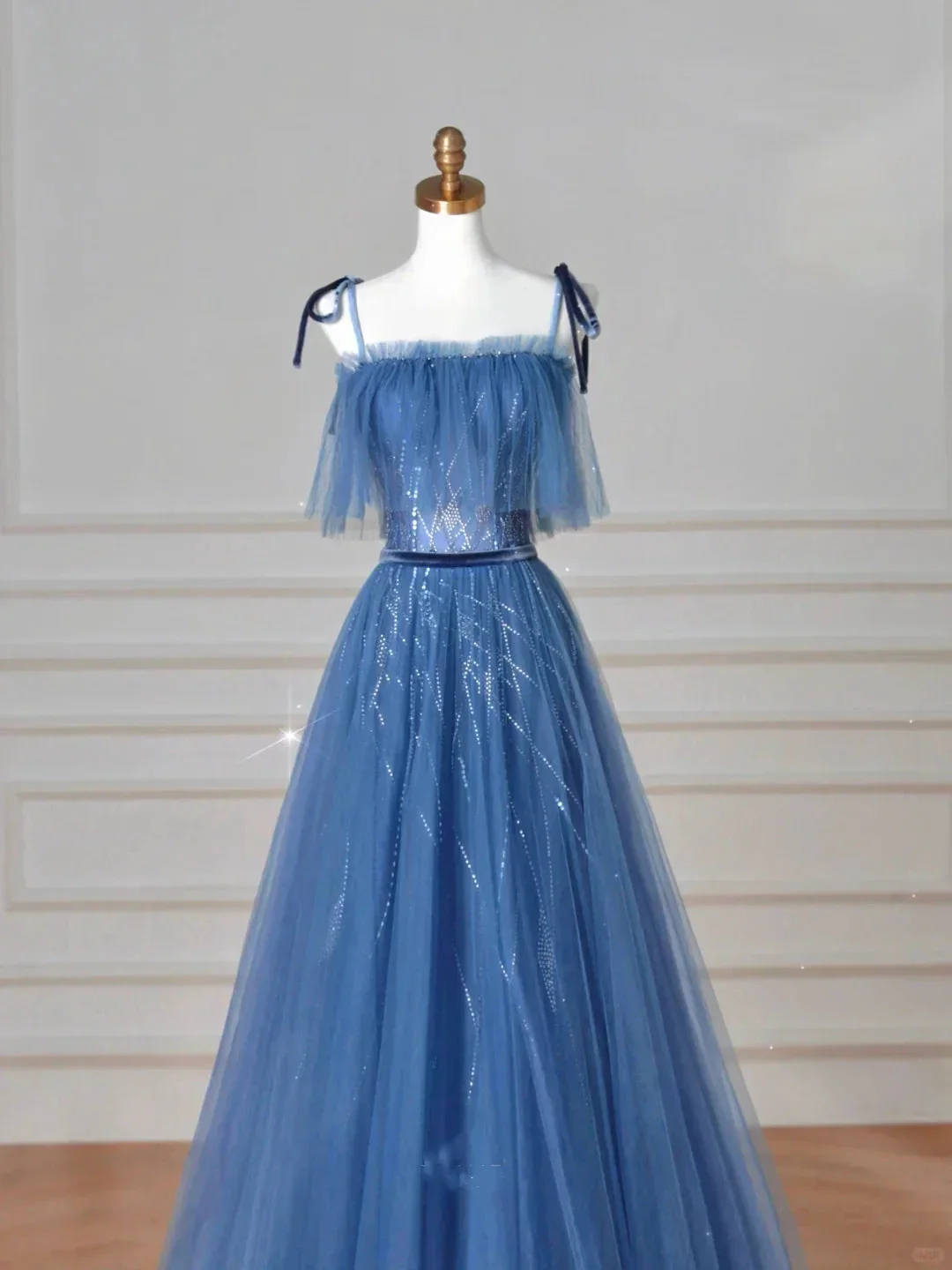 Pretty Blue Spaghetti Straps Tulle Sequins A Line Prom Dress Evening Dress Y8634 - Image 3