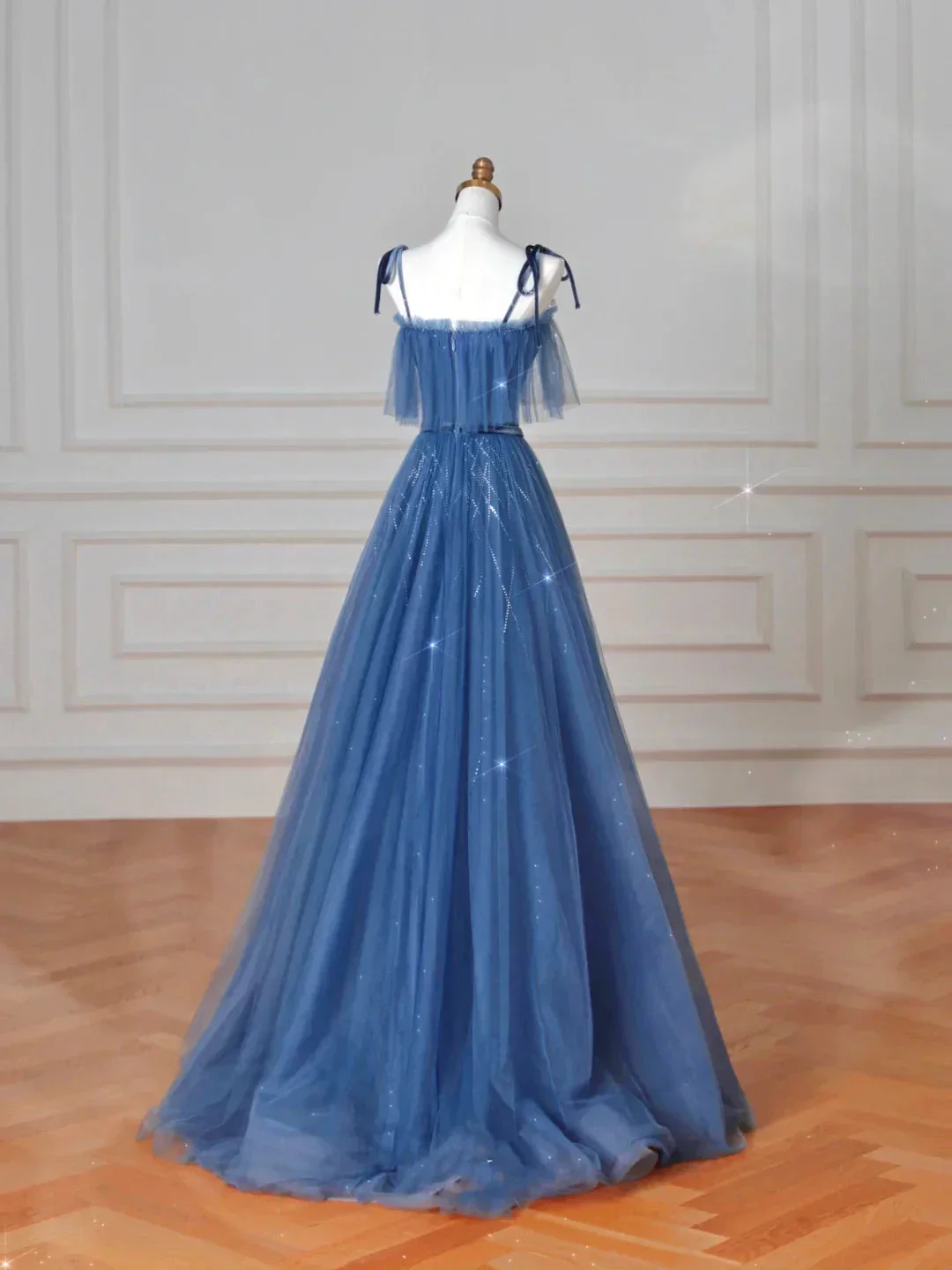 Pretty Blue Spaghetti Straps Tulle Sequins A Line Prom Dress Evening Dress Y8634 - Image 4