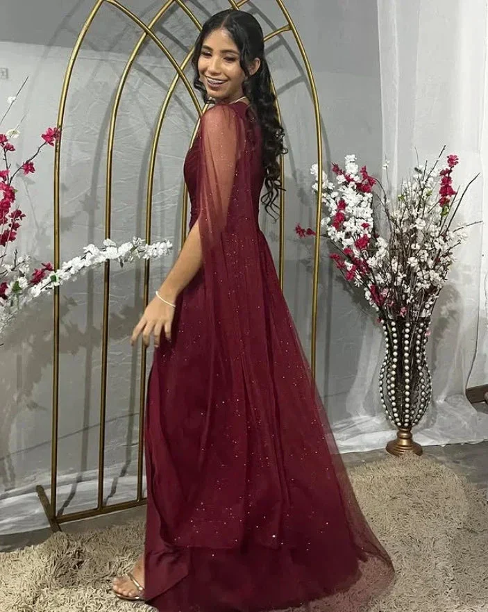 Pretty Burgundy One Shoulder Tulle Sequins Evening Gown Slit Prom Dress Y7826 - Image 3