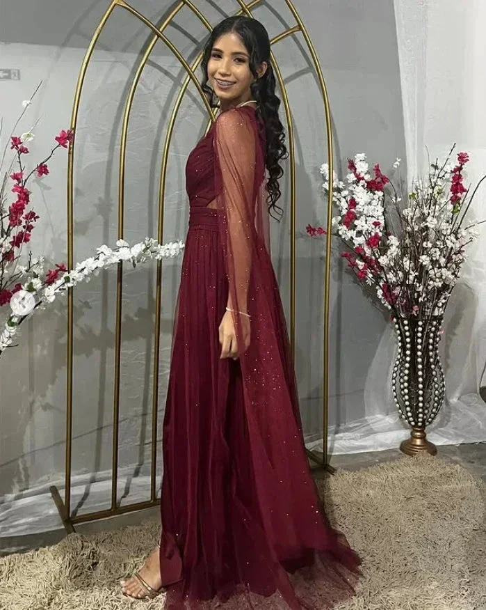 Pretty Burgundy One Shoulder Tulle Sequins Evening Gown Slit Prom Dress Y7826 - Image 5