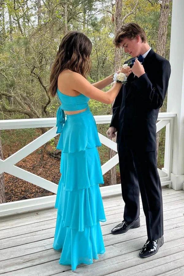 Pretty Cutouts Tiered Chiffon Blue Prom Dress Party Dress PSK610 - Image 2