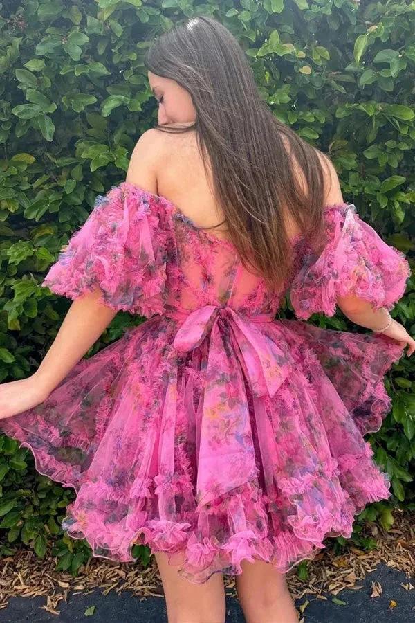 Pretty Fuchsia Puff Sleeves A-Line Princess Homecoming Dress PD532 - Image 3
