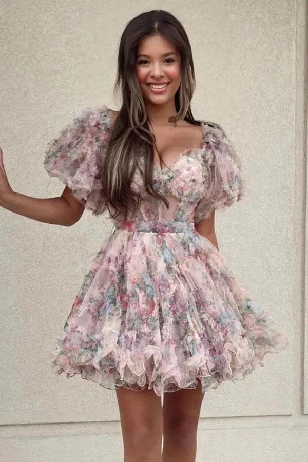 Pretty Fuchsia Puff Sleeves A-Line Princess Homecoming Dress PD532 - Image 4