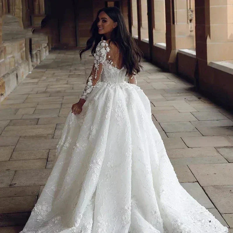 Pretty Gorgeous Long Sleeved Fluffy Beautiful High Fork Wedding Dresses Bridal V-Neck Appliques Bride Gown Beach Custom Made - Image 2