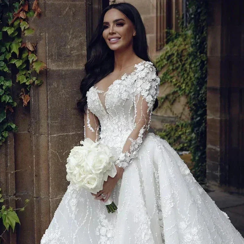 Pretty Gorgeous Long Sleeved Fluffy Beautiful High Fork Wedding Dresses Bridal V-Neck Appliques Bride Gown Beach Custom Made - Image 3