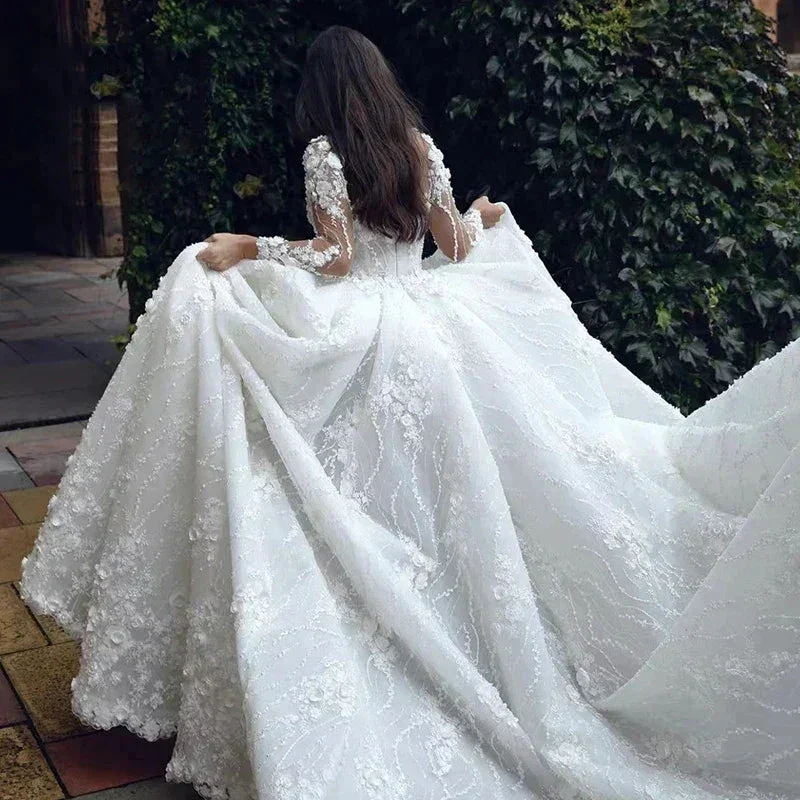 Pretty Gorgeous Long Sleeved Fluffy Beautiful High Fork Wedding Dresses Bridal V-Neck Appliques Bride Gown Beach Custom Made - Image 4