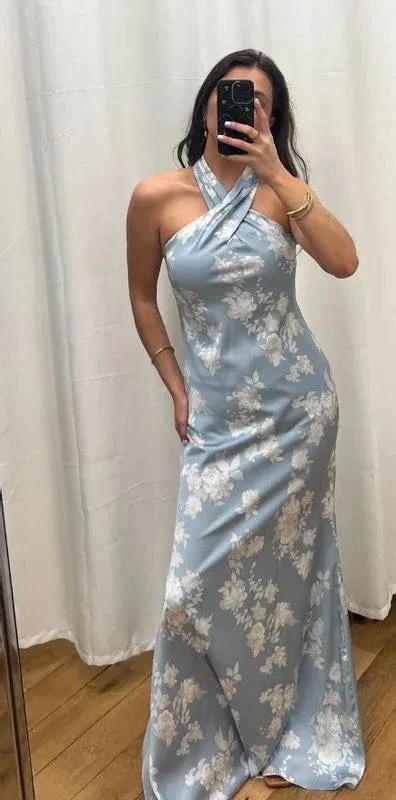 Pretty Halter Navy Blue Satin Print Long Prom Dress Evening Dress Y8453 - Image 5