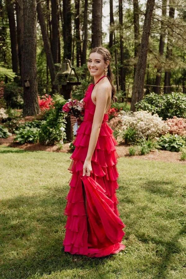 Pretty Halter Neck Ruffle Fuchsia Long Prom Dress  PSK577 - Image 4