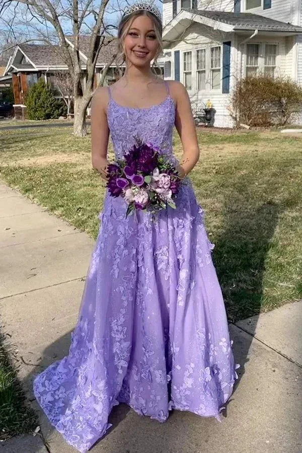 Pretty Lavender Spaghetti Straps A-Line 3D Lace Floral Long Prom Dress A Line Evening Dress Y7935 - Image 2