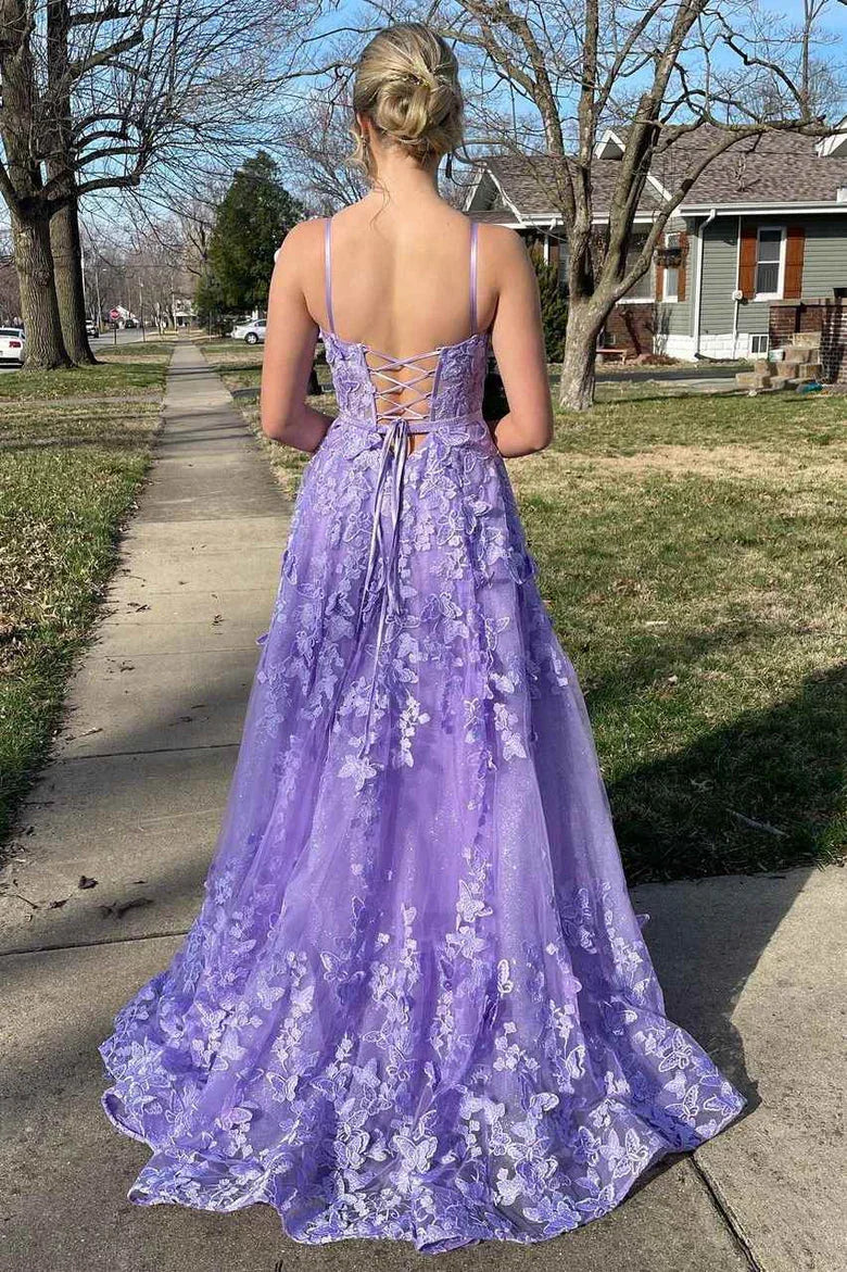 Pretty Lavender Spaghetti Straps A-Line 3D Lace Floral Long Prom Dress A Line Evening Dress Y7935 - Image 3