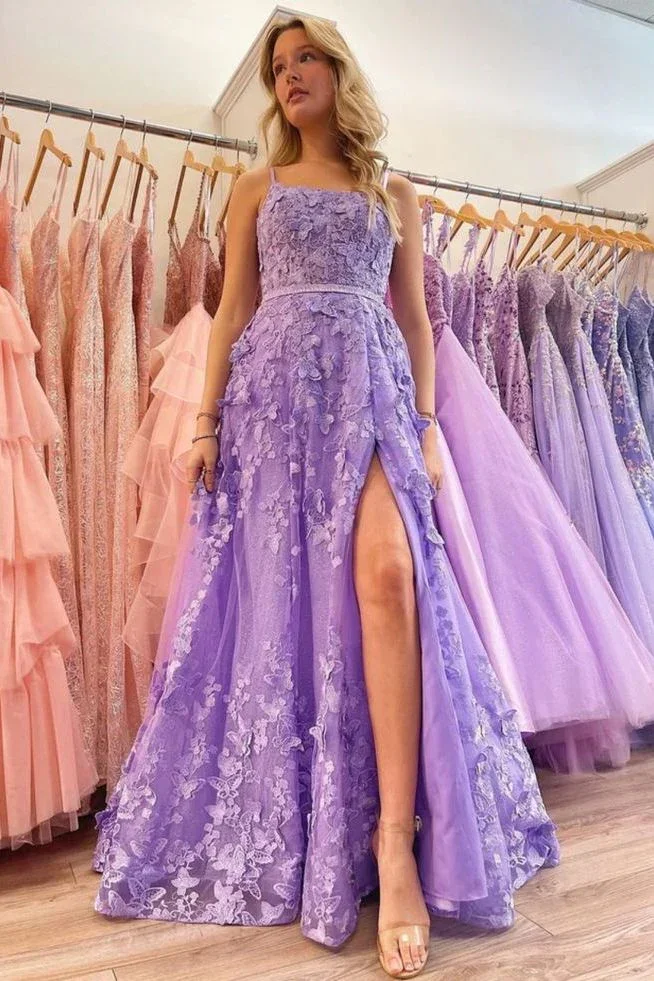 Pretty Lavender Spaghetti Straps A-Line 3D Lace Floral Long Prom Dress A Line Evening Dress Y7935 - Image 4