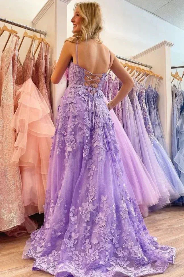 Pretty Lavender Spaghetti Straps A-Line 3D Lace Floral Long Prom Dress A Line Evening Dress Y7935 - Image 5