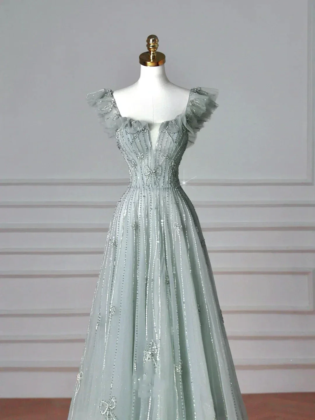 Pretty Light Green Square Neck Tulle Beaded Prom Dress A Line Evening Dress Y8612 - Image 2