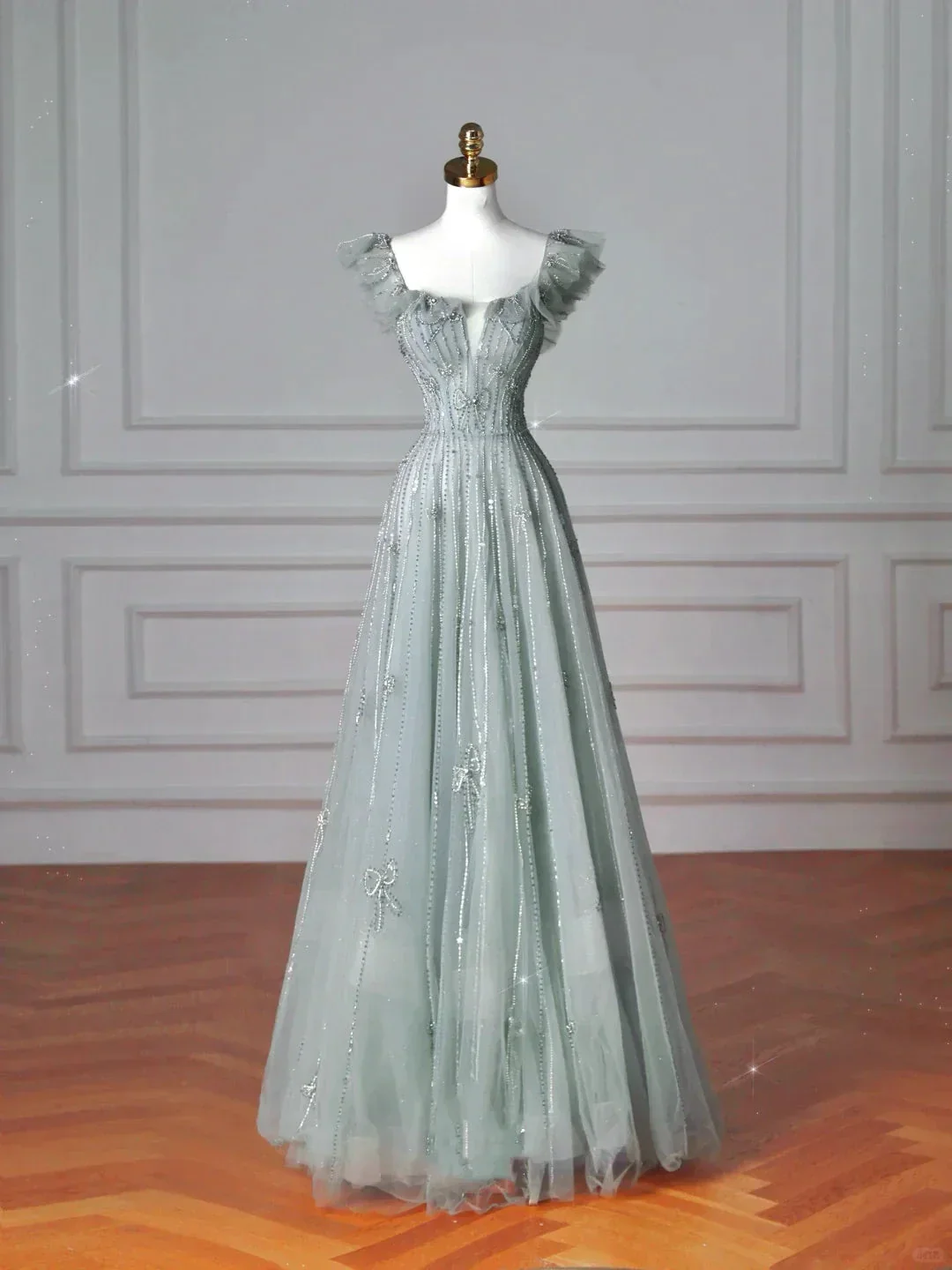 Pretty Light Green Square Neck Tulle Beaded Prom Dress A Line Evening Dress Y8612 - Image 3