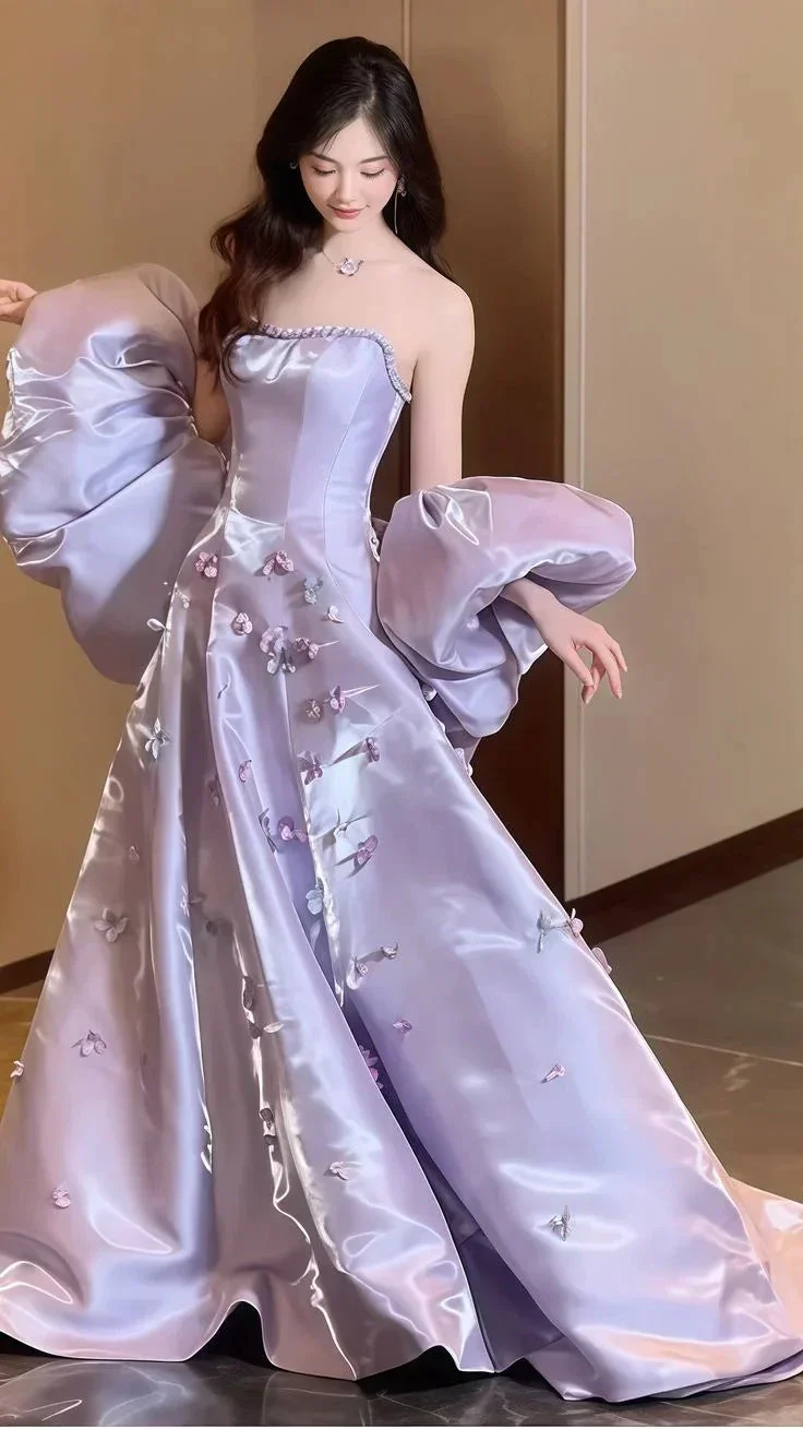 Pretty Lilac Satin Appliques Prom Dress Strapless A-Line Evening Gown Y7903 - Image 3