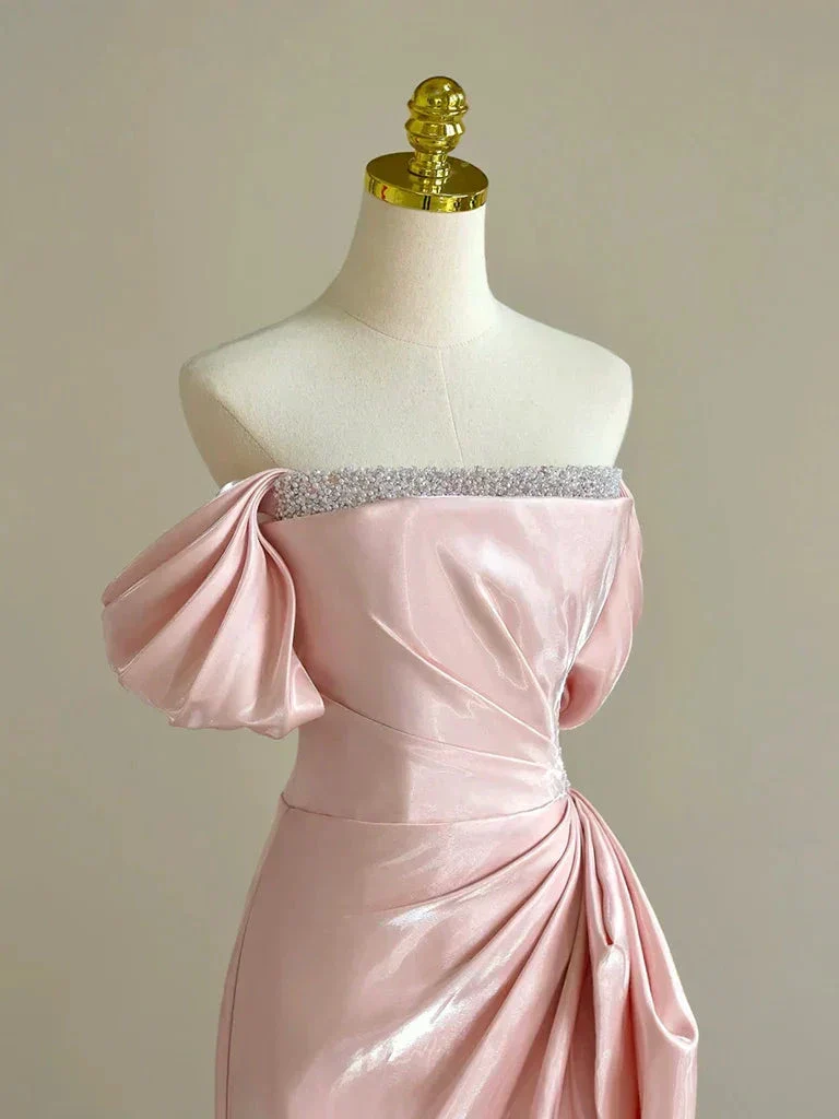 Pretty Off Shoulder Pink Long Prom Dress Formal Evening Dress With Beads Y8049 - Image 2