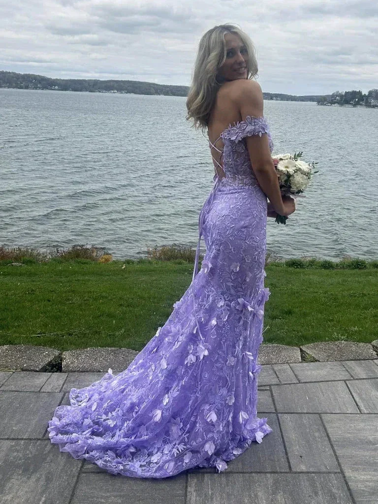 Pretty Off the Shoulder Mermaid Lilac Lace Floral Long Prom Dresses, High Slit Graduation Evening Dresses Y7848 - Image 2