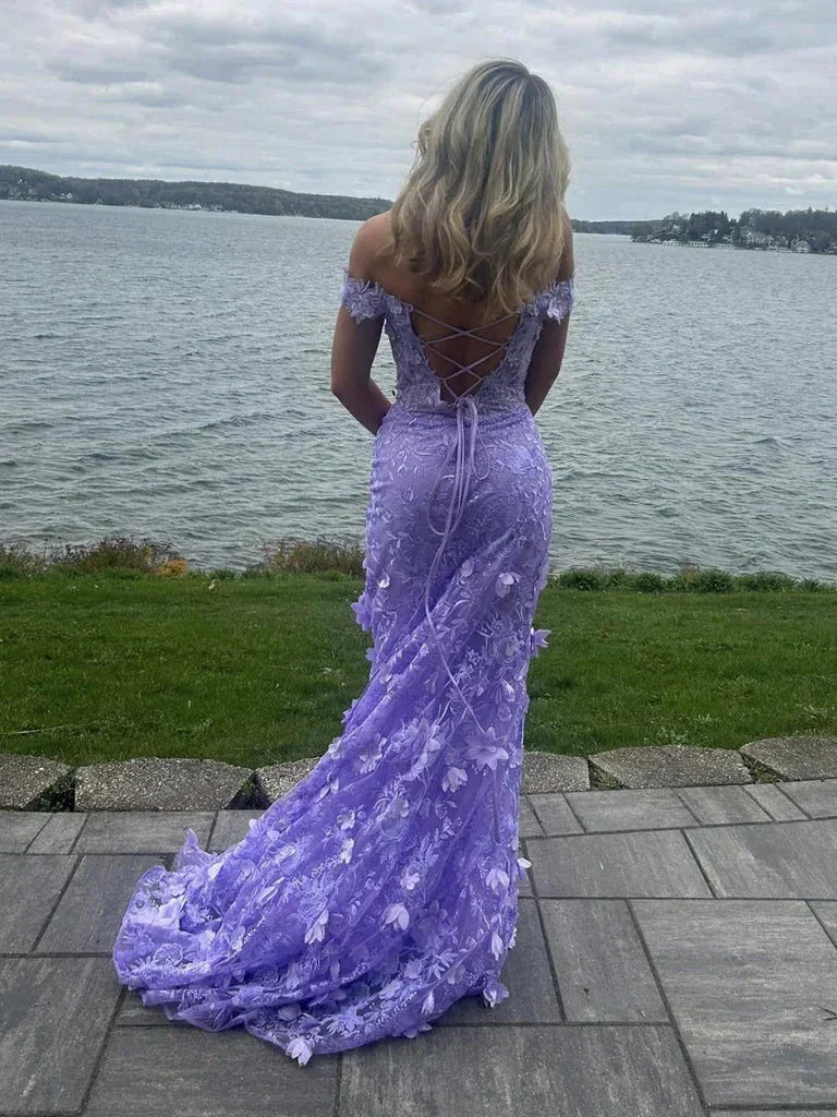 Pretty Off the Shoulder Mermaid Lilac Lace Floral Long Prom Dresses, High Slit Graduation Evening Dresses Y7848 - Image 3