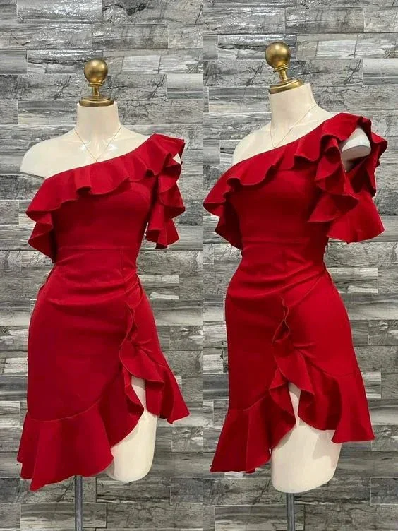 Pretty One Shoulder Red Homecoming Dress Short Mini Birthday Dress Y7635 - Image 2