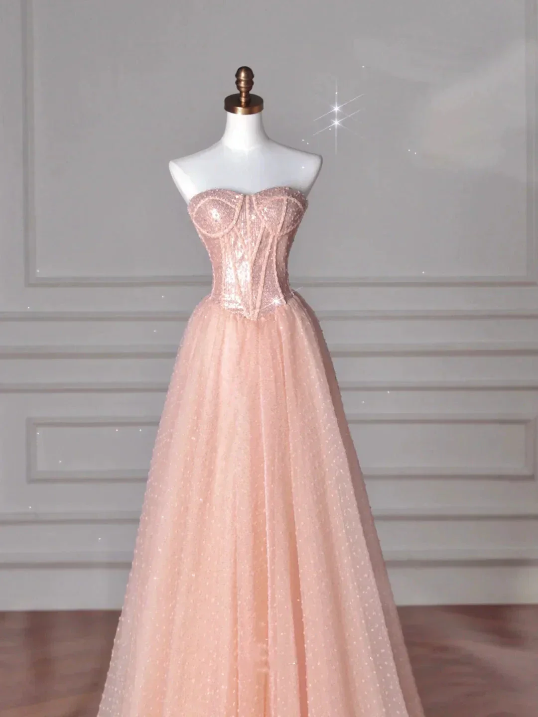 Pretty Peach Pink Strapless Sequins Tulle A Line Long Prom Dress Evening Dress Y8645 - Image 2