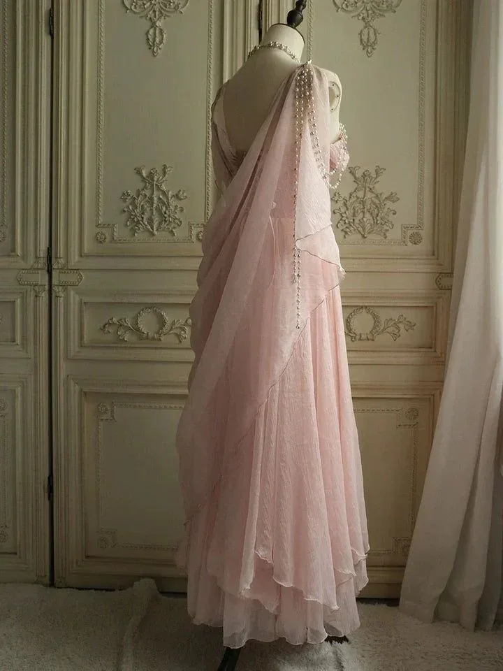 Pretty Pink Chiffon Sweetheart Spaghetti Straps Long Prom Evening Dress With Pearls Y8290 - Image 2
