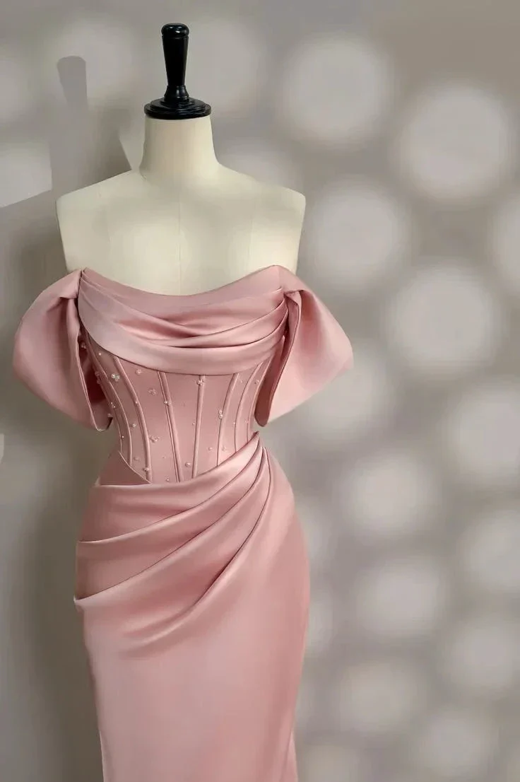 Pretty Pink Mermaid Evening Dress Pearl Beading Off Shoulder Prom Dress Y7604 - Image 2