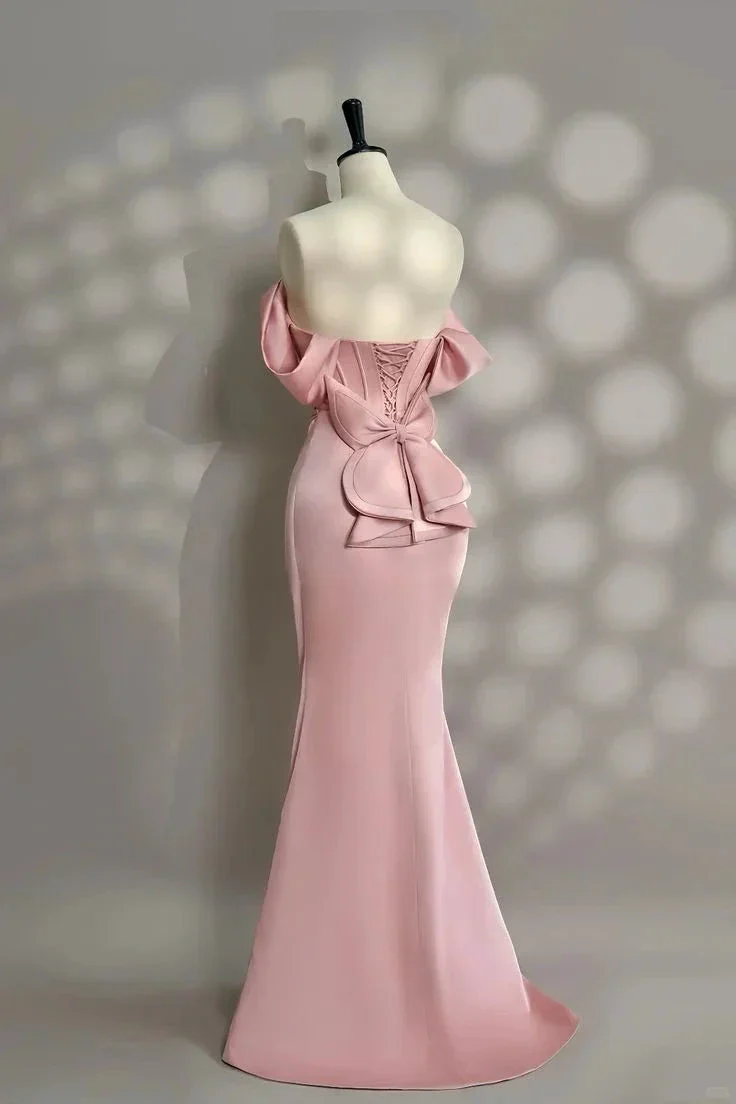 Pretty Pink Mermaid Evening Dress Pearl Beading Off Shoulder Prom Dress Y7604 - Image 3
