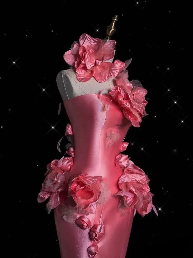 Pretty Pink Satin 3D Flowers Mermaid Prom Dress Long Evening Dress Y8339 - Image 2