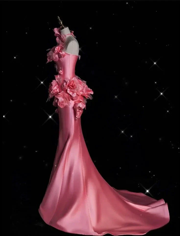 Pretty Pink Satin 3D Flowers Mermaid Prom Dress Long Evening Dress Y8339 - Image 3